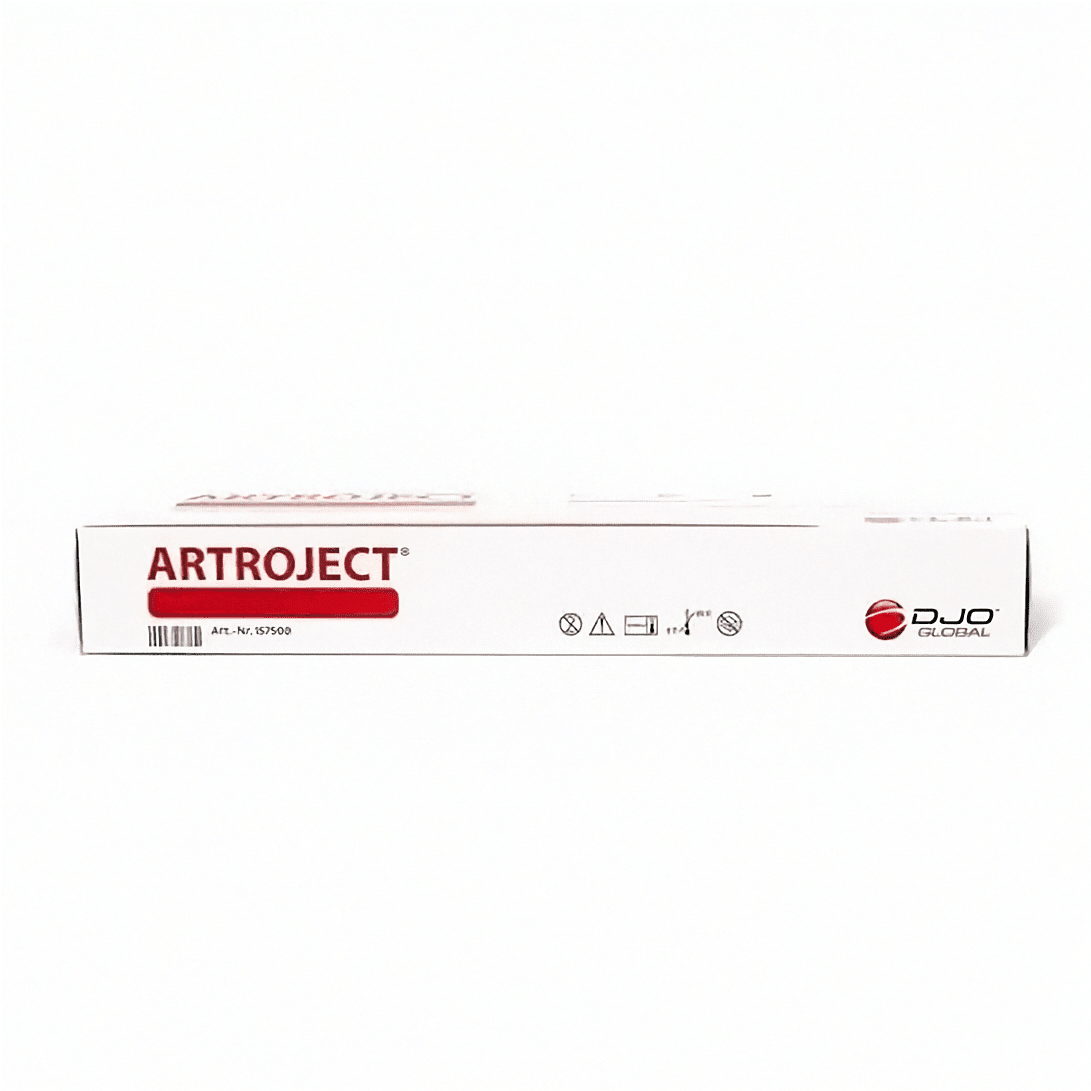 Gelenkspritze Artroject 50 mg in 10 ml Fertigspritze von ORMED GmbH, für Gelenkbehandlung, sichtbar in der Verpackung