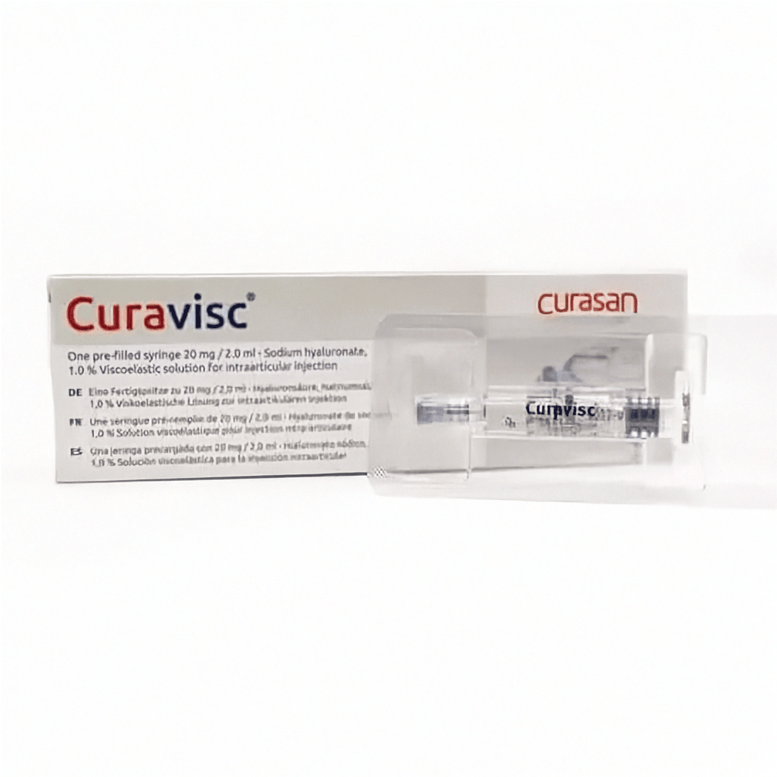 Injektionsspritze mit Curavisc 20 mg in 2 ml, Gelenkspritze von Curasan AG, für Gelenkbehandlung, klare Fertigspritze