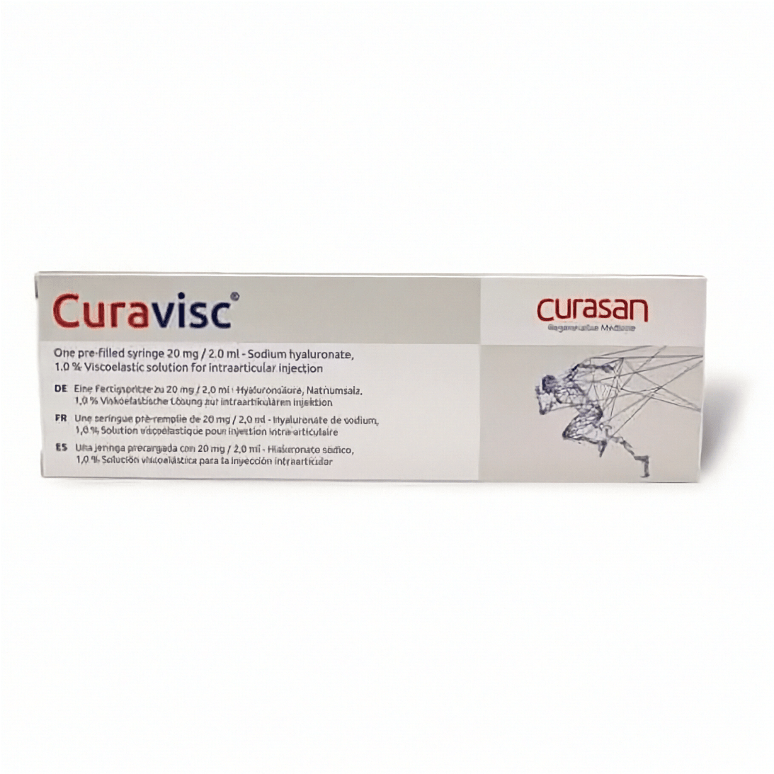 Curavisc Gelenkspritze mit 20 mg in 2 ml Fertigspritze, zur Behandlung von Gelenkschmerzen und Arthrose.