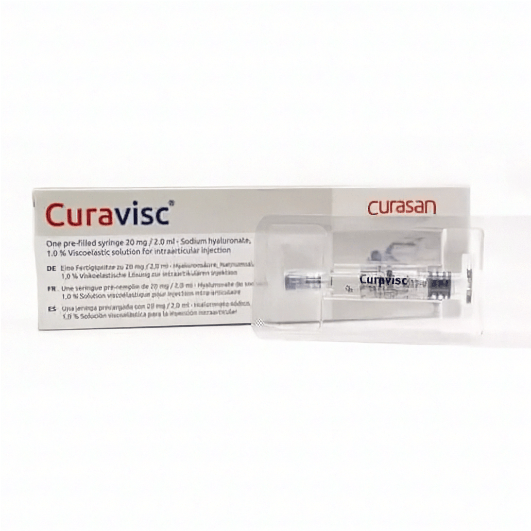Curavisc Gelenkspritze 20 mg x 2 ml, Fertigspritze zur Gelenkbehandlung, sichtbare Verpackung und Spritze