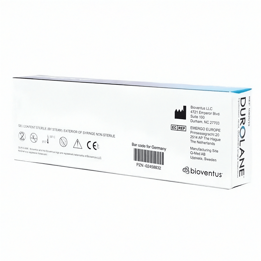 Gelenkspritze Durolane 60mg/3ml von Bioventus Coöperatief U.A., Bild zeigt die Verpackung und Nadel der Injektionsflasche