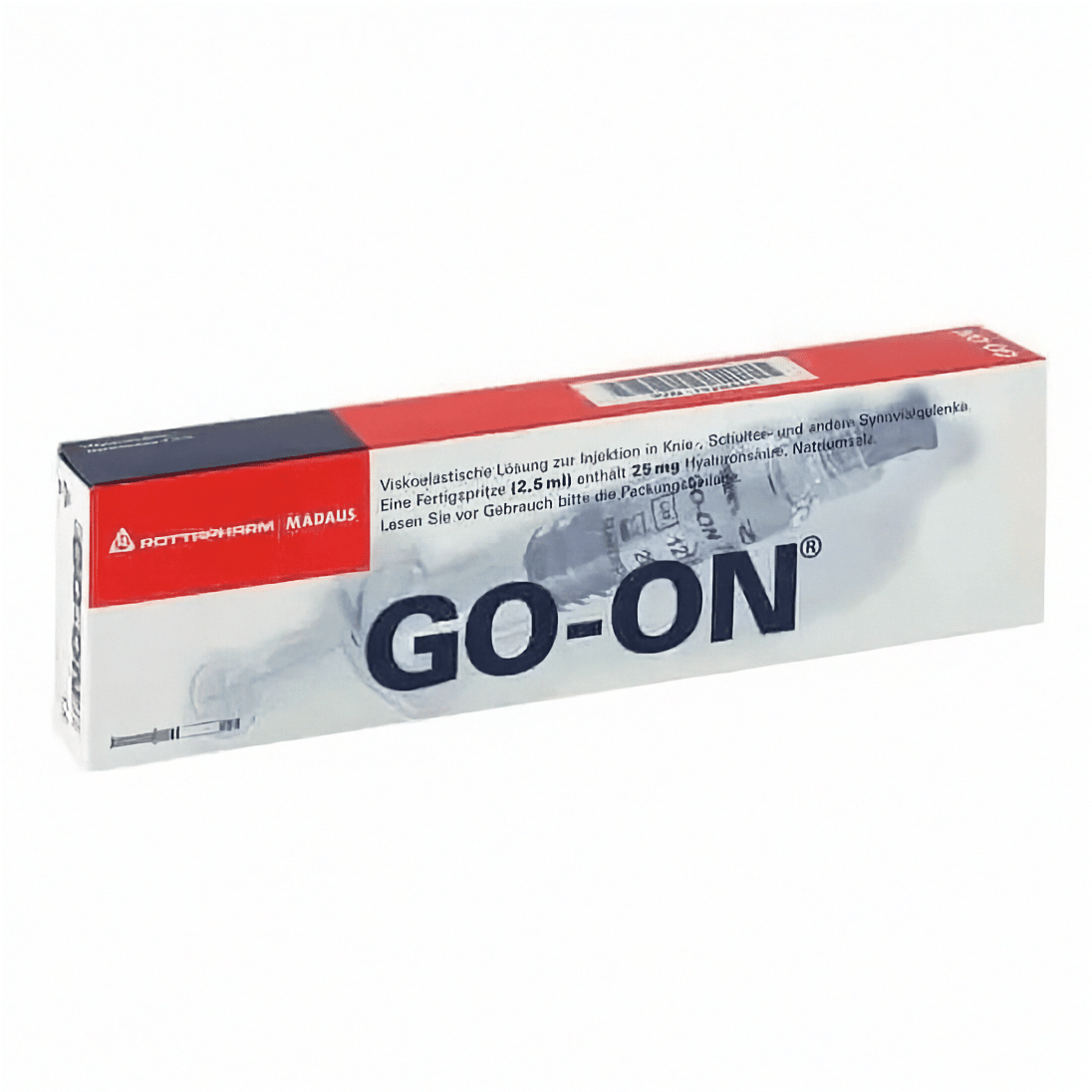 Viatris Go-On Gelenkspritze mit 25mg/2,5ml für schmerzende Gelenke, in Spritze verpackt, sichtbarer Inhalt