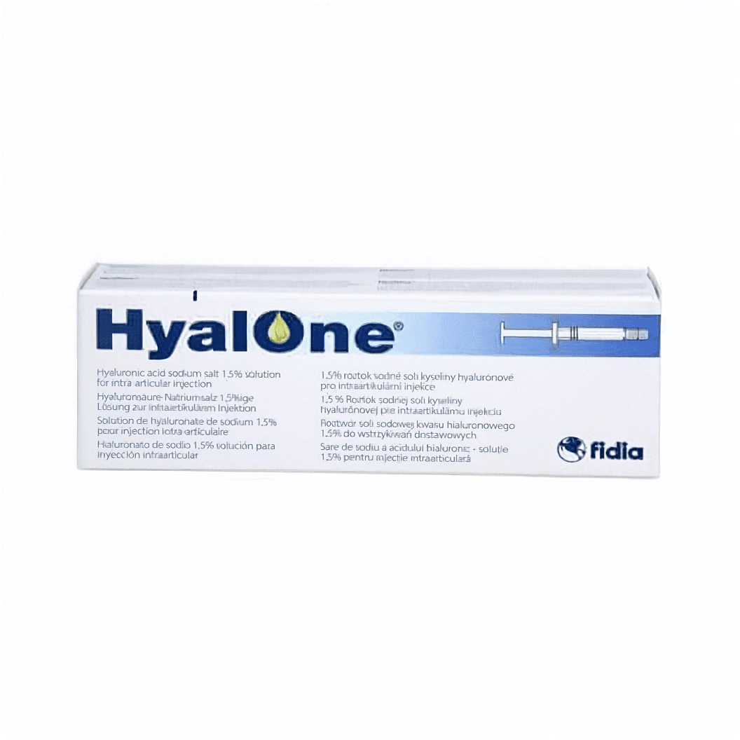 HyalOne 60mg/4ml Gelenkspritze von Fidia Pharma GmbH, Nahaufnahme der Spritze mit klarer Flüssigkeit