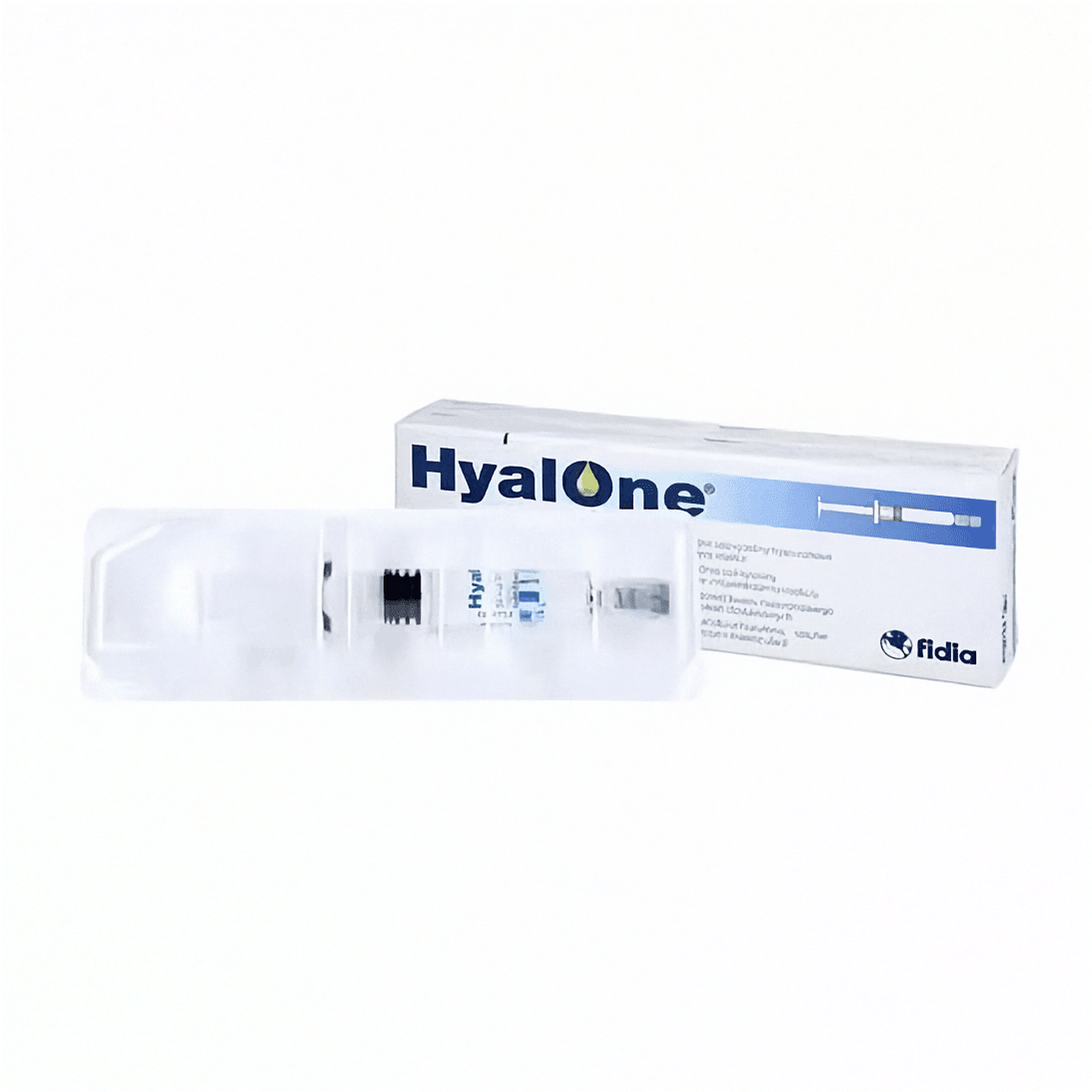 HyalOne 60mg/4ml Gelenkspritzen von Fidia Pharma GmbH, klare Injektionsflasche mit Beschriftung, medizinisches Produkt