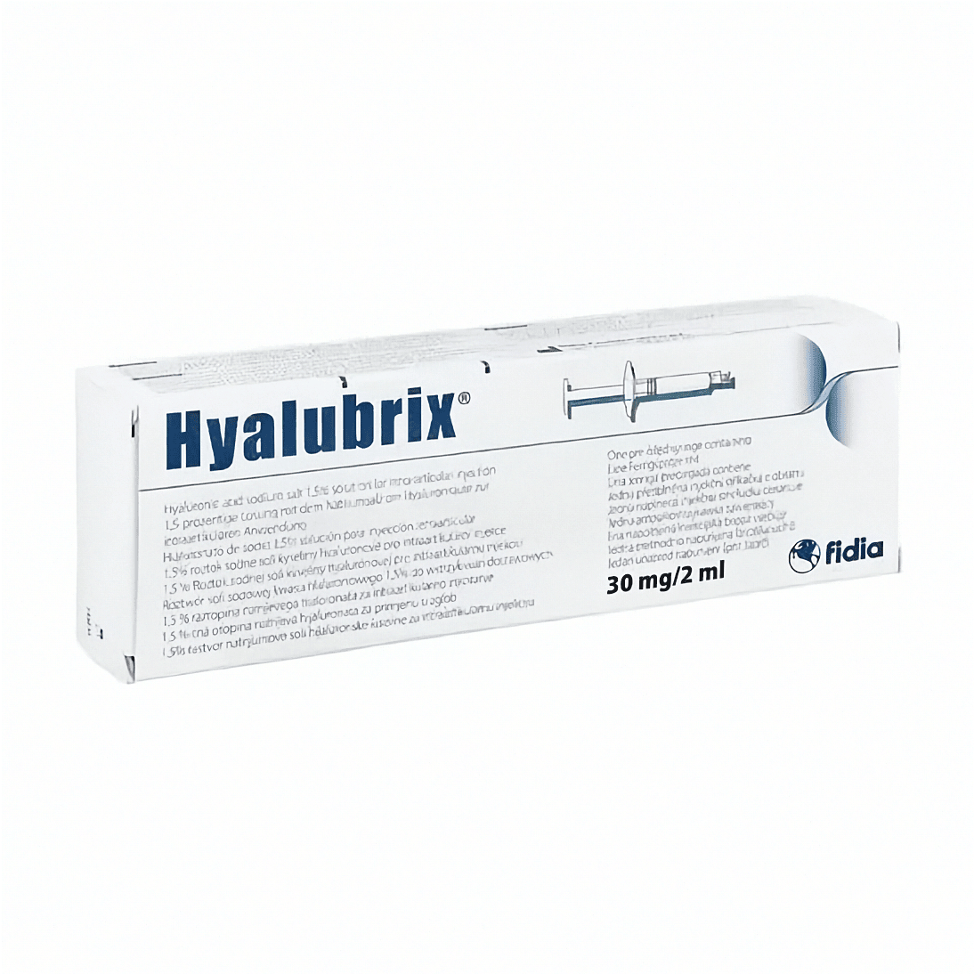 Hyalubrix Gelenkspritze mit 30mg/2ml, von Fidia Pharma, zeigt die klare, gebrauchsfertige Injektion für Gelenkbehandlung