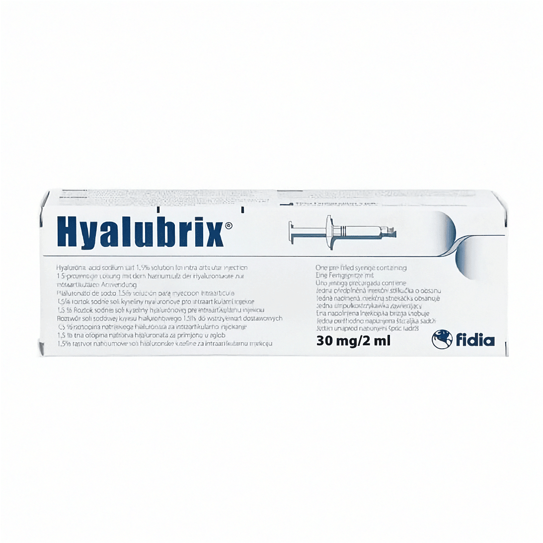 Hyalubrix Gelenkspritze mit 30 mg/2 ml Hyaluronsäure von Fidia Pharma, injiziert in das Kniegelenk, klare Flüssigkeit