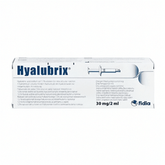 Hyalubrix Gelenkspritze mit 30 mg/2 ml Hyaluronsäure von Fidia Pharma, injiziert in das Kniegelenk, klare Flüssigkeit