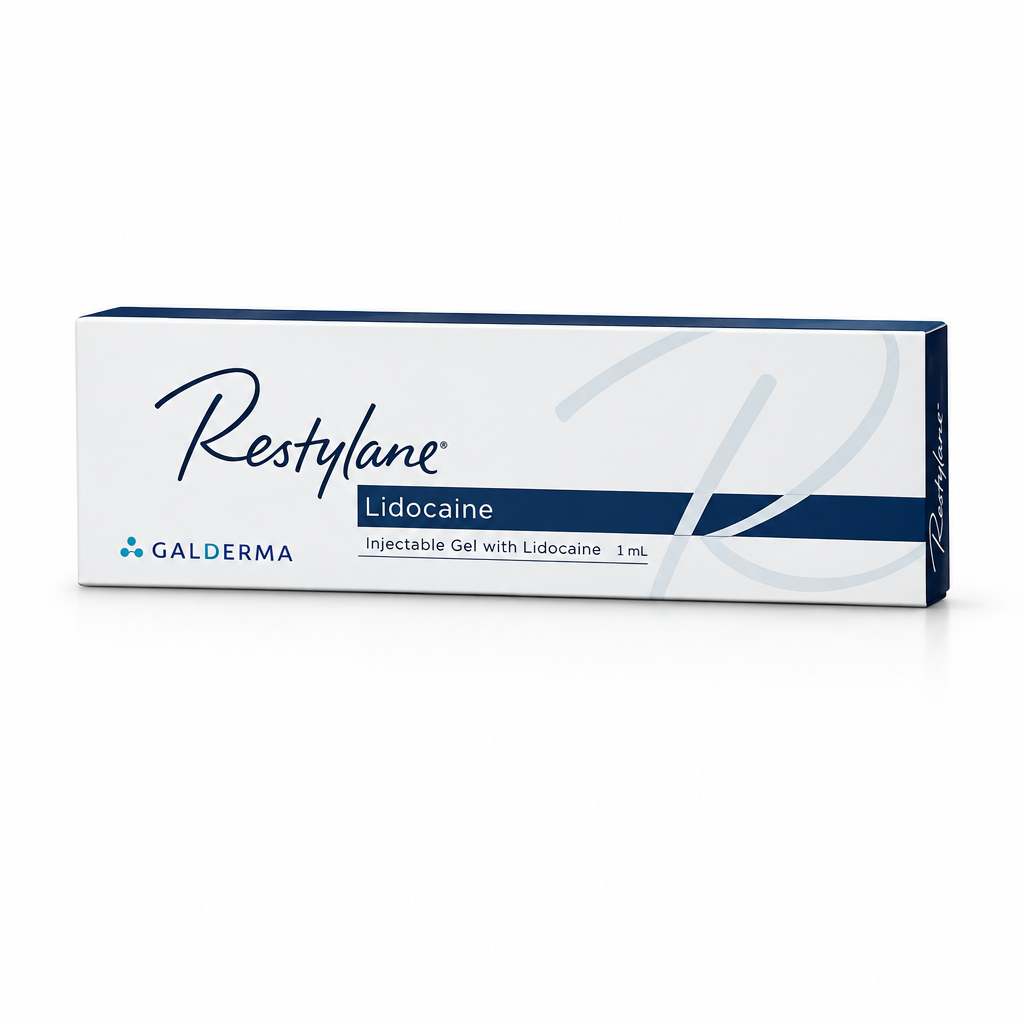 Restylane® mit Lidocain 1 ml Verpackung auf weißem Hintergrund