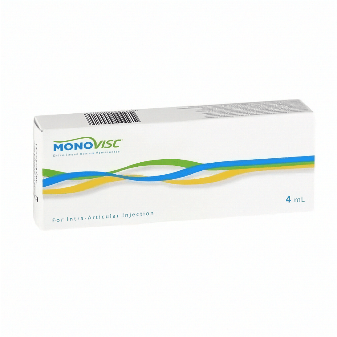 Gelenkspritze Monovisc 88mg/4ml von Plasmaconcept AG, injizierte Medizin gegen Gelenkschmerzen, klare Verpackung, sterile Ampulle