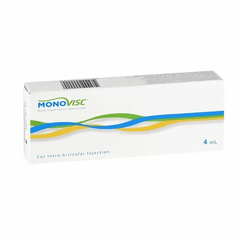 Gelenkspritze Monovisc 88mg/4ml von Plasmaconcept AG, injizierte Medizin gegen Gelenkschmerzen, klare Verpackung, sterile Ampulle