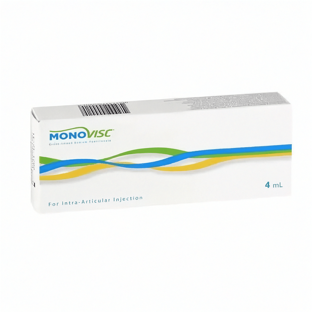 Gelenkspritze Monovisc 88mg/4ml von Plasmaconcept AG, injiziert in das Kniegelenk zur Gelenkschmierung.