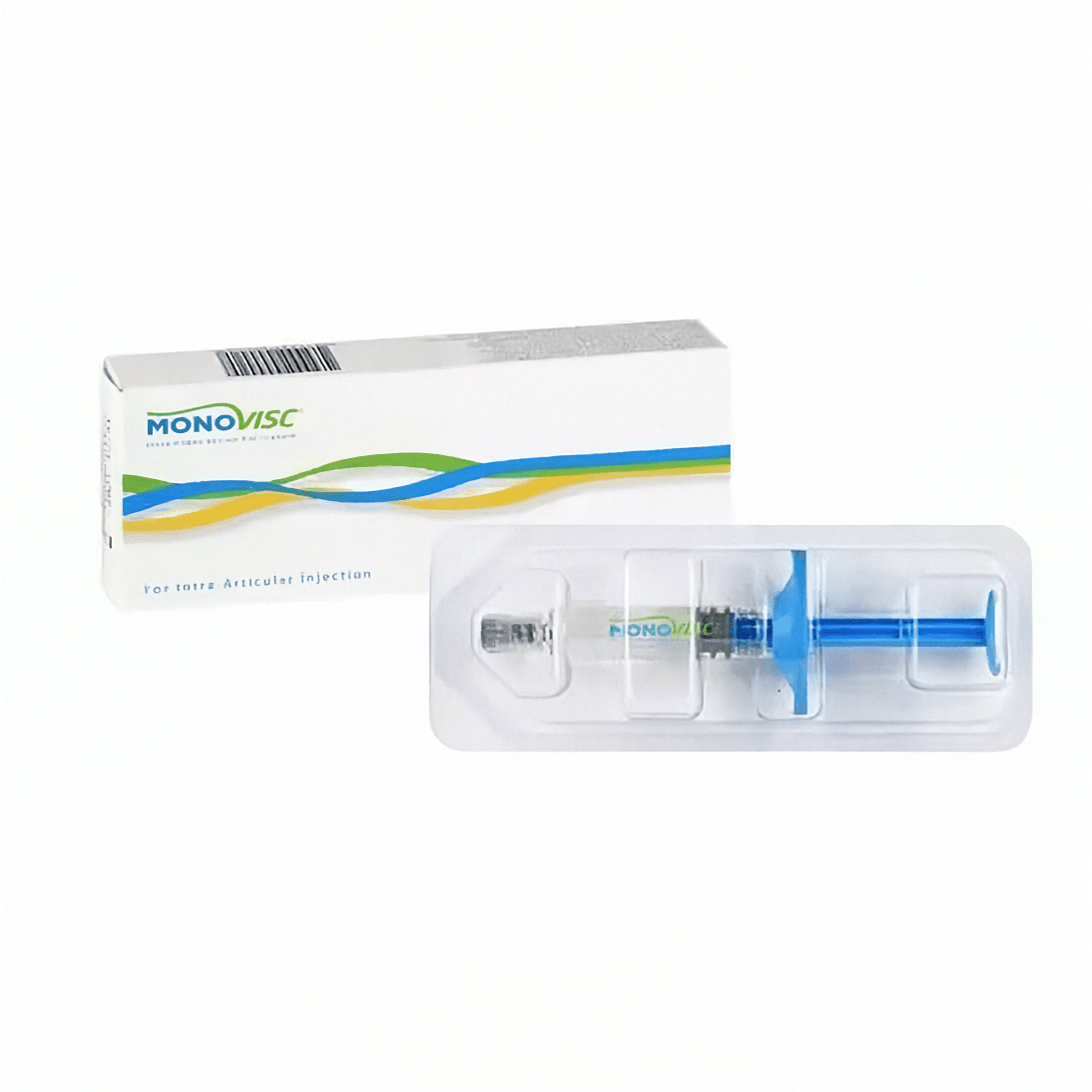 Gelenkspritze Monovisc 88mg/4ml von Plasmaconcept AG, injiziert in ein Kniegelenk zur Gelenkpflege, auf weißem Hintergrund