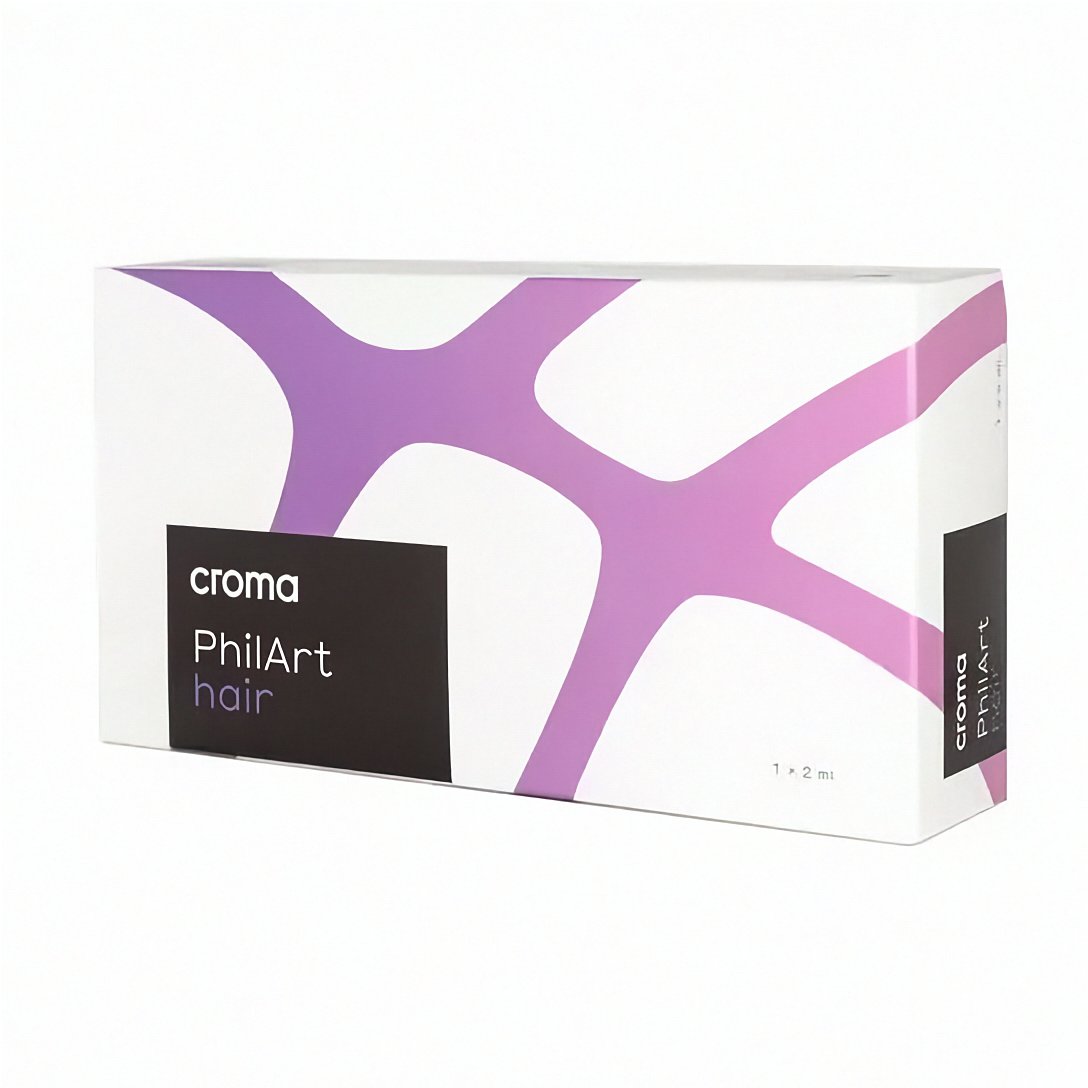 Croma PolyPhil PhilArt Dermalfiller, 2ml: Nahaufnahme der Verpackung und Applikationspfeile auf dem Produkt.