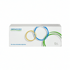 Orthovisc Gelenkspritze mit 30 mg/2 ml von Plasmaconcept AG, injiziert in das Kniegelenk zur Gelenkschmierung.