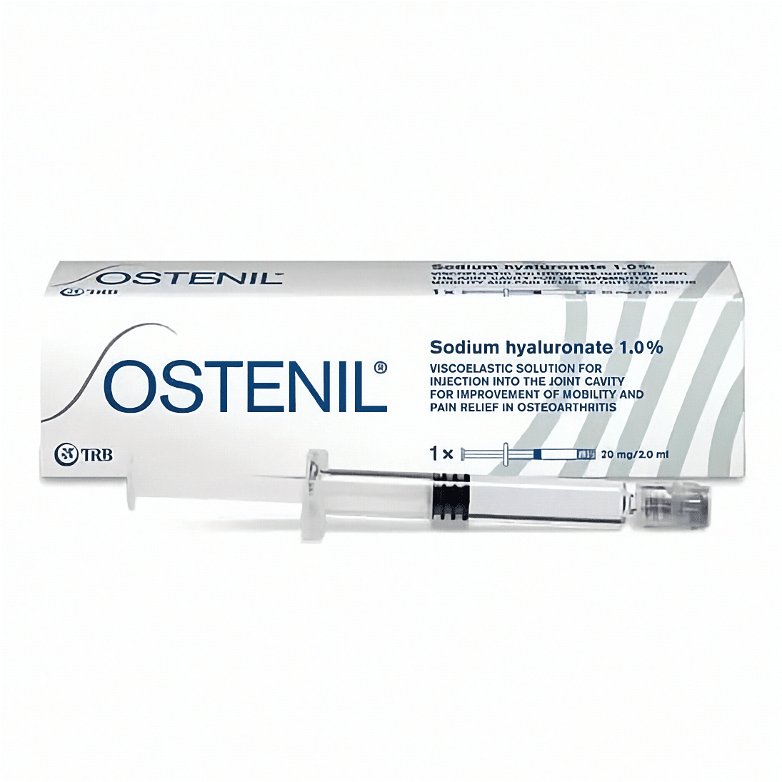 Gelenkspritze Ostenil 20mg/2ml von TRB Chemedica AG, therapeutische Injektion für Gelenkbehandlung, Nahaufnahme