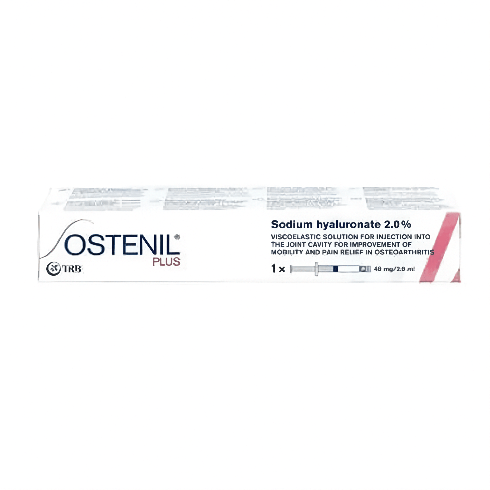 Gelenkspritze Ostenil Plus mit 40 mg/2 ml von TRB Chemedica AG, sichtbare Verpackung und Applikationsspritze