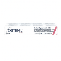 Gelenkspritze Ostenil Plus mit 40 mg/2 ml von TRB Chemedica AG, sichtbare Verpackung und Applikationsspritze