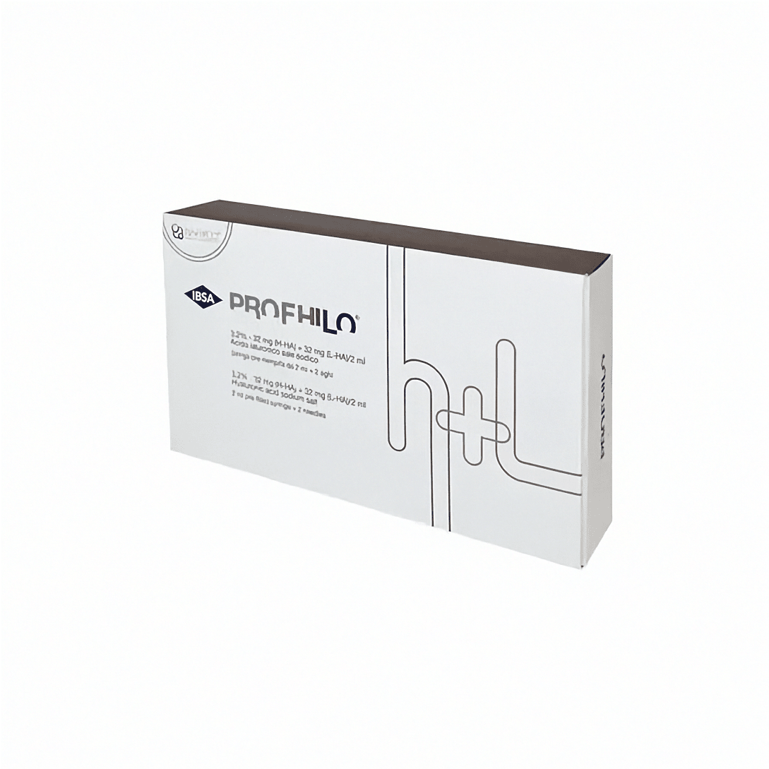 Profhilo H+L Dermalfiller von IBSA, 2ml Flasche für Hautstraffung und Feuchtigkeitsversorgung, Nahaufnahme der Verpackung
