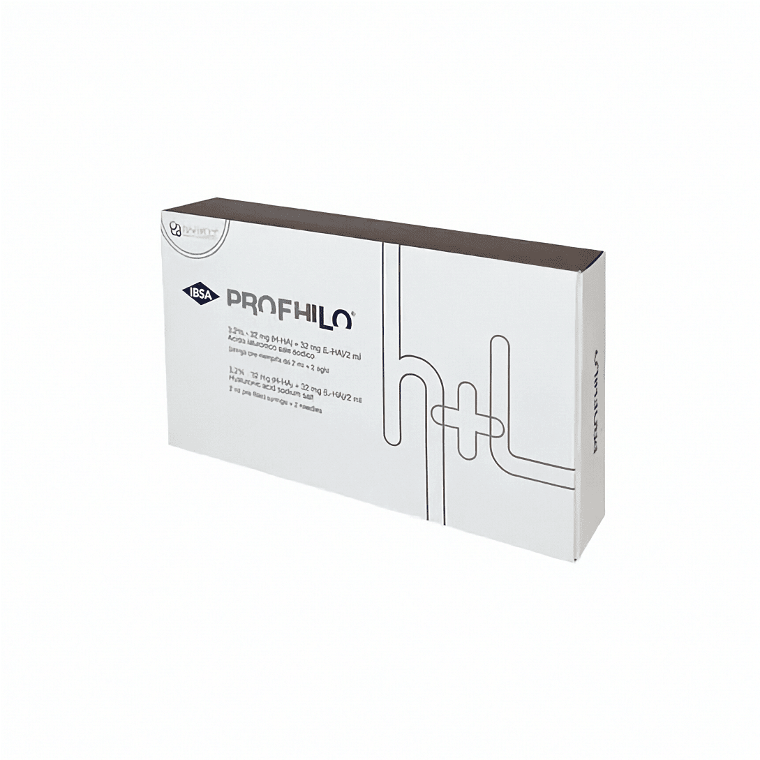 Profhilo H+L Dermalfiller von IBSA, 2ml Flasche für Hautstraffung und Feuchtigkeitsversorgung, Nahaufnahme der Verpackung