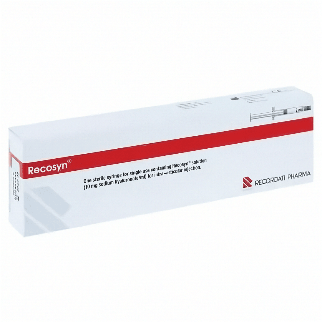 Recosyn Gelenkspritze, 2 ml Fertigspritze von Recordati Pharma, für Gelenkbehandlung, sichtbare Verpackung und Spritze