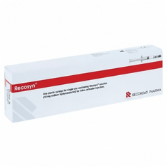 Recosyn Gelenkspritze, 2 ml Fertigspritze von Recordati Pharma, für Gelenkbehandlung, sichtbare Verpackung und Spritze