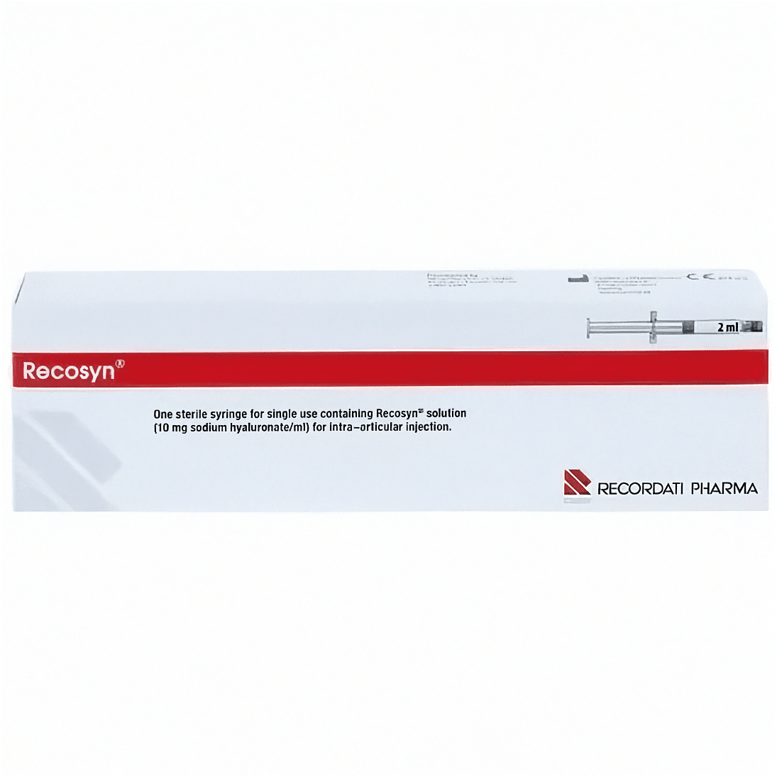 Recosyn Gelenkspritze von Recordati Pharma, 2 ml Fertigspritze für Gelenkbehandlung, sichtbar in der Verpackung